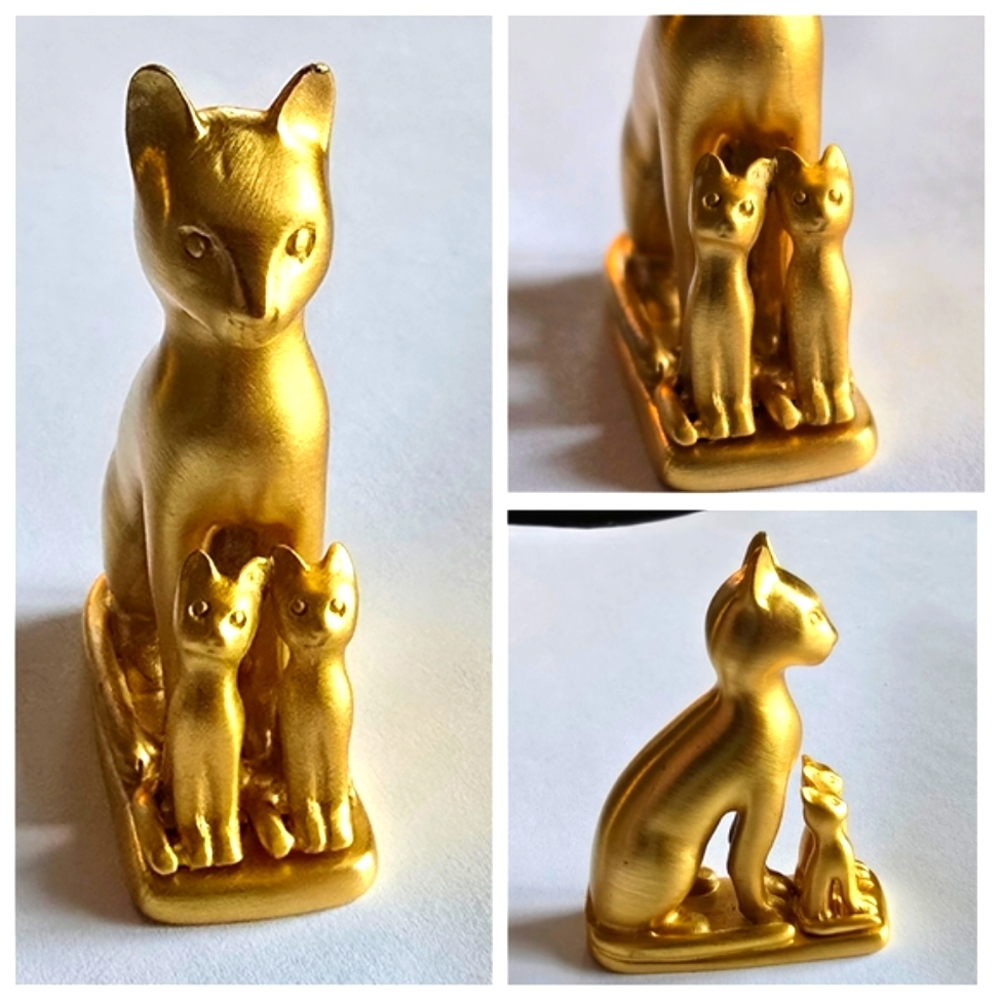 Vintage Cat statue Bastet kittens gold tone figurine museum